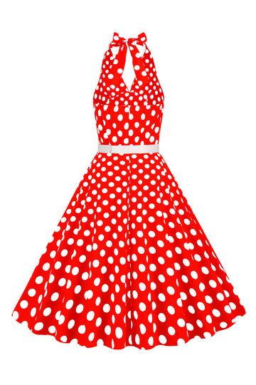 Hepburn Style Halter Neck Polka Dots Red 1950s Robe